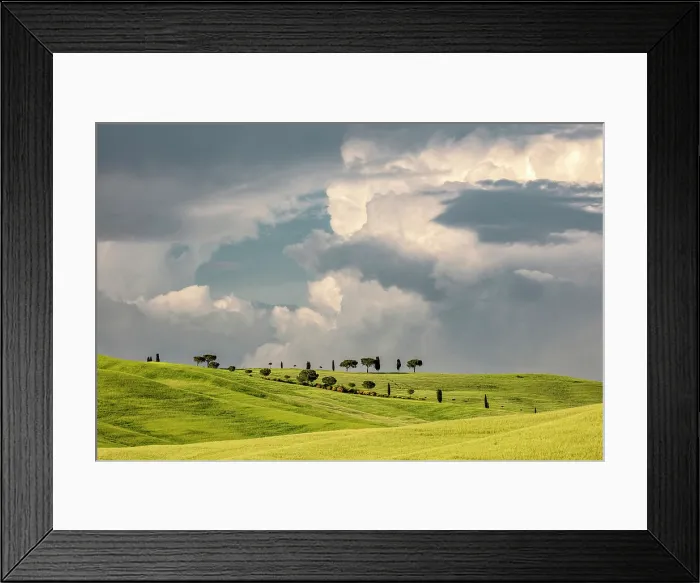 Framed Print : Trees and rolling green fields beneath a stormy sky, Val d'Orcia, near San Quirico d'Orcia, Tuscany, Italy Framed Print : Trees and rolling green fields beneath a stormy sky, Val d'Orcia, near San Quirico d'Orcia, Tuscany, Italy