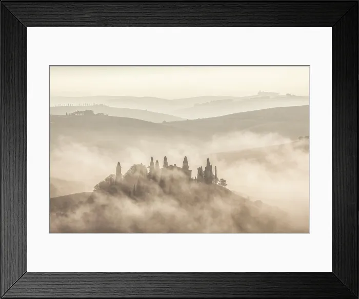 Framed Print : Silhouette of Podere Belvedere and rolling hills shrouded in mist at dawn, Val d'Orcia, San Quirico d'Orcia, Tuscany, Italy Framed Print : Silhouette of Podere Belvedere and rolling hills shrouded in mist at dawn, Val d'Orcia, San Quirico d'Orcia, Tuscany, Italy