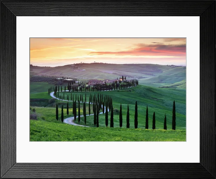 Framed Print : Winding road lined with cypress trees leading to Podere Baccoleno at sunset, Asciano, Crete senesi, Tuscany, Italy Framed Print : Winding road lined with cypress trees leading to Podere Baccoleno at sunset, Asciano, Crete senesi, Tuscany, Italy
