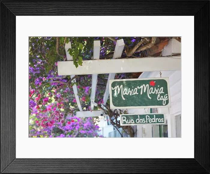 Framed Print : The famous 'Maria Maria Cafe' street signboard on the Rua das Pedras street in the historical cask of Buzios, Rio de Janeiro, Brazil Framed Print : The famous 'Maria Maria Cafe' street signboard on the Rua das Pedras street in the historical cask of Buzios, Rio de Janeiro, Brazil