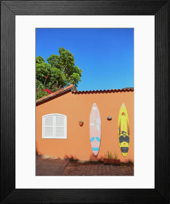 Framed Print : Surf tables on a wall of a house near the Geriba Beach, Buzios, Rio de Janeiro, Brazil