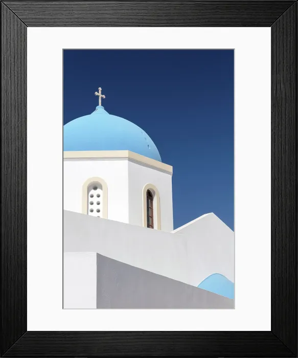 Framed Print : Blue domed church, Megalachori, Santorini, Cyclades Islands, Greece, Europe Framed Print : Blue domed church, Megalachori, Santorini, Cyclades Islands, Greece, Europe