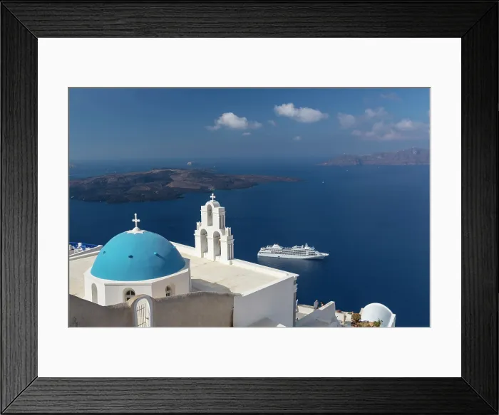 Framed Print : Agios Theodori church, with the caldera and a cruiseship in the distance, Firostephani, Santorini, Cyclades Islands, Greece, Europe