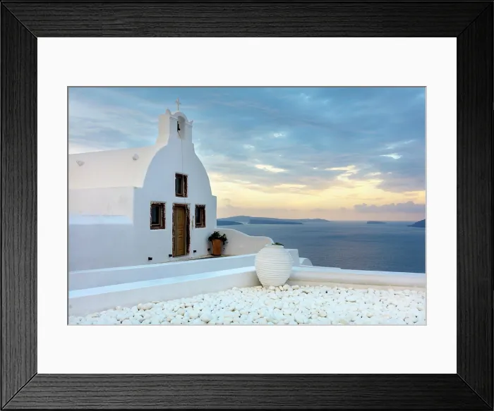 Framed Print : Small traditional Greek whitewashed church with caldera view, at sunset, Oia, Santorini, Cyclades Islands, Greece, Europe Framed Print : Small traditional Greek whitewashed church with caldera view, at sunset, Oia, Santorini, Cyclades Islands, Greece, Europe