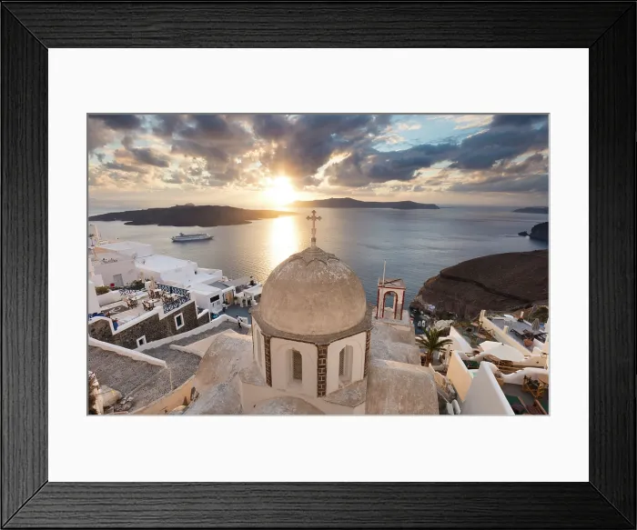 Framed Print : Looking out to the caldera over an old domed church, Fira, Santorini, Cyclades Islands, Greece, Europe