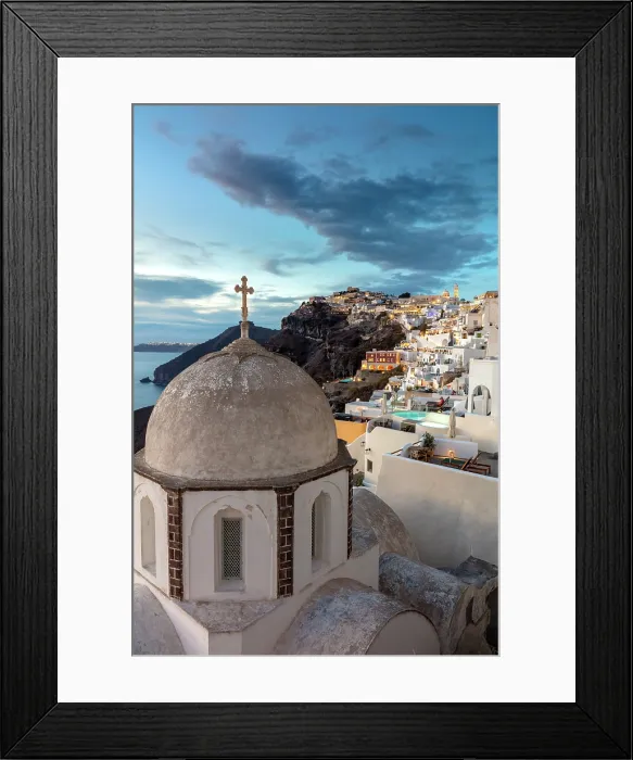 Framed Print : Fira at dusk, with an old domed church in the foreground, Fira, Santorini, Cyclades Islands, Greece, Europe