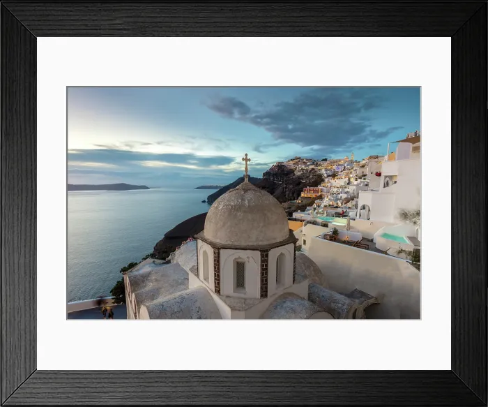 Framed Print : Fira at dusk, with an old domed church in the foreground, Fira, Santorini, Cyclades Islands, Greece, Europe Framed Print : Fira at dusk, with an old domed church in the foreground, Fira, Santorini, Cyclades Islands, Greece, Europe