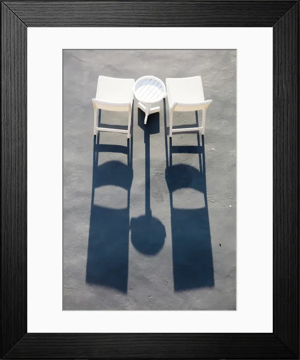 Framed Print : White chair and shadows, Imerovigli, Santorini, Cyclades Islands, Greece, Europe