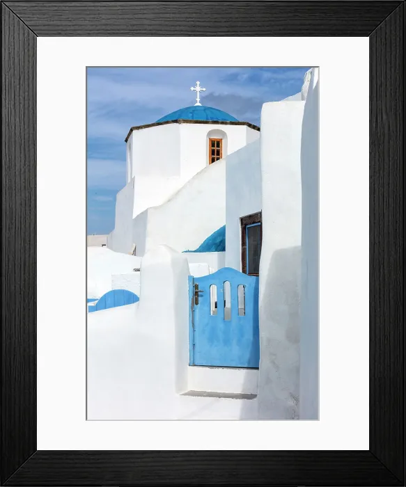 Framed Print : Traditional church with blue dome and whitewashed houses, Oia, Santorini, Cyclades Islands, Greece, Europe
