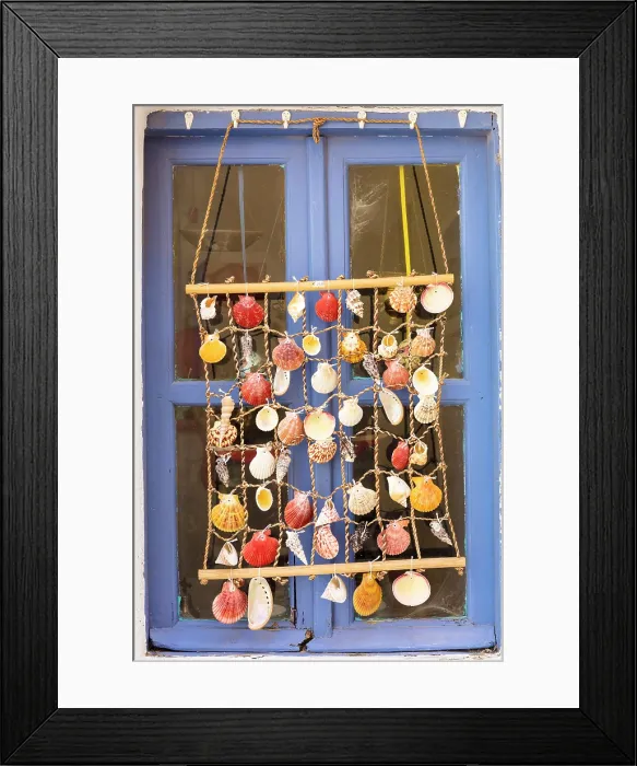 Framed Print : Shell decoration in front of blue window, Pyrgos, Santorini, Cyclades Islands, Greece, Europe Framed Print : Shell decoration in front of blue window, Pyrgos, Santorini, Cyclades Islands, Greece, Europe