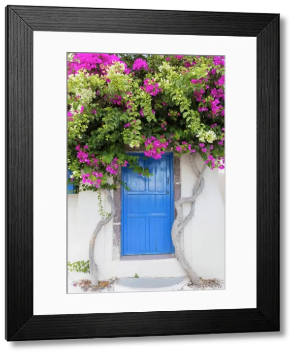 Framed Print : Blue door and bougainvillea, Emporio, Santorini, Cyclades Islands, Greece, Europe