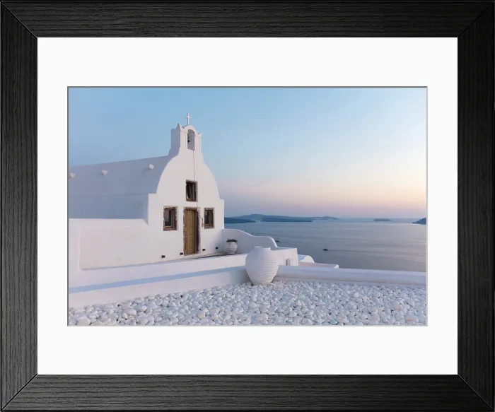 Framed Print : Small traditional Greek whitewashed church at dawn, with caldera view, Oia, Santorini, Cyclades Islands, Greece, Europe Framed Print : Small traditional Greek whitewashed church at dawn, with caldera view, Oia, Santorini, Cyclades Islands, Greece, Europe