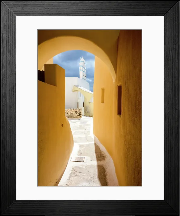 Framed Print : Yellow painted alleyway and church, Emporio, Santorini, Cyclades Islands, Greece, Europe Framed Print : Yellow painted alleyway and church, Emporio, Santorini, Cyclades Islands, Greece, Europe
