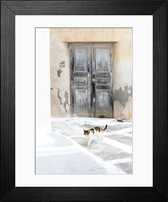 Framed Print : Old door and wall with cat walking across street, Emporio, Santorini, Cyclades Islands, Greece, Europe