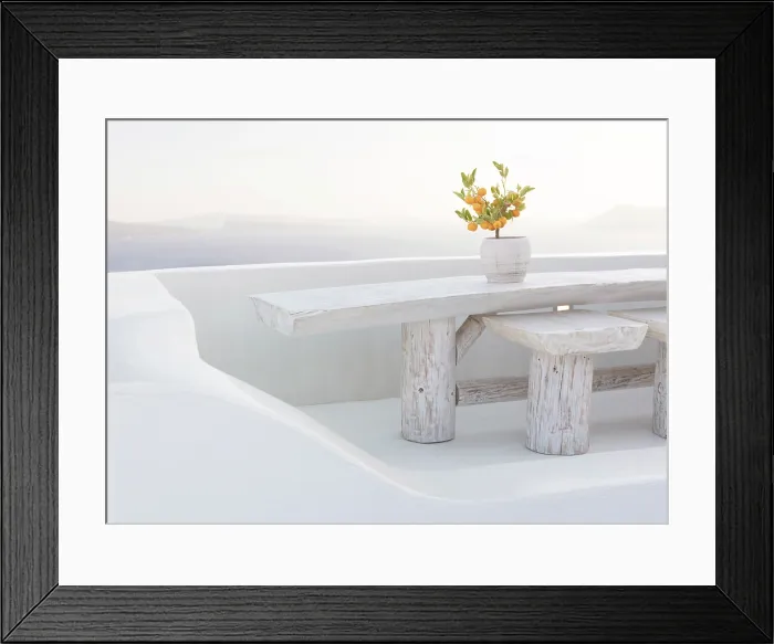 Framed Print : Whitewashed benches and table with caldera view behind, Oia, Santorini, Cyclades Islands, Greece, Europe Framed Print : Whitewashed benches and table with caldera view behind, Oia, Santorini, Cyclades Islands, Greece, Europe