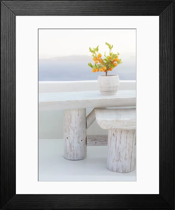 Framed Print : Dwarf orange plant on whitewashed table with caldera view behind, Oia, Santorini, Cyclades Islands, Greece, Europe Framed Print : Dwarf orange plant on whitewashed table with caldera view behind, Oia, Santorini, Cyclades Islands, Greece, Europe