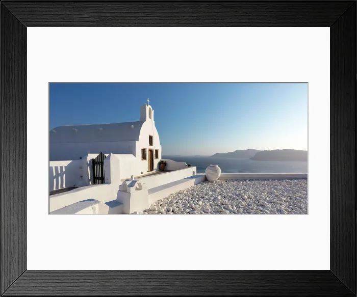 Framed Print : Small traditional Greek whitewashed church with caldera view, Oia, Santorini, Cyclades Islands, Greece, Europe
