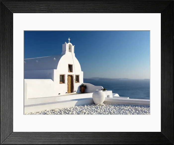 Framed Print : Small traditional Greek whitewashed church with caldera view, Oia, Santorini, Cyclades Islands, Greece, Europe Framed Print : Small traditional Greek whitewashed church with caldera view, Oia, Santorini, Cyclades Islands, Greece, Europe