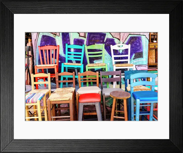 Framed Print : Greek colorful chairs, Athens, Greece Framed Print : Greek colorful chairs, Athens, Greece