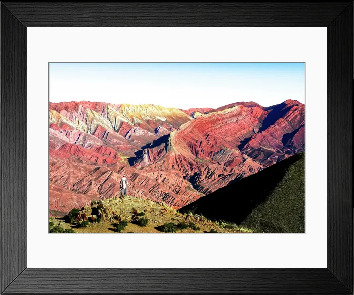 Framed Print : Person looking at vibrant rocks, Serrania de Hornocal, Humahuaca, Jujuy, Argentina. (MR) Framed Print : Person looking at vibrant rocks, Serrania de Hornocal, Humahuaca, Jujuy, Argentina. (MR)