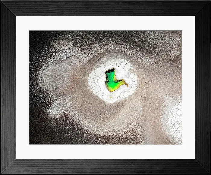Framed Print : Colorful salt pond within cracked salt crust, Ojos del Mar, Tolar Grande, Salta, Argentina