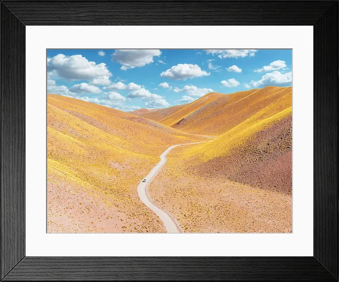Framed Print : Car traveling through yellow slopes, Vega de los Colorados, Puna, Catamarca, Argentina Framed Print : Car traveling through yellow slopes, Vega de los Colorados, Puna, Catamarca, Argentina