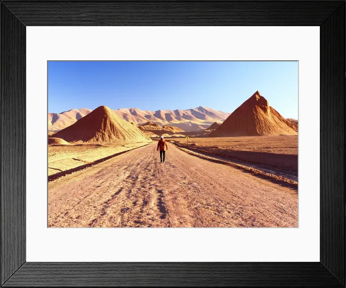 Framed Print : Man walking on a desert track, Desierto del Diablo, Devil's Desert, Puna, Argentina. (MR)