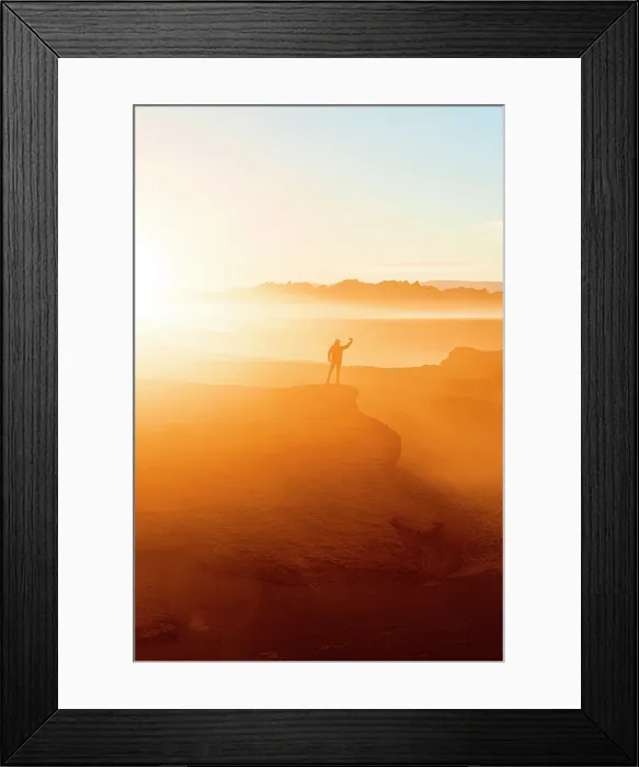 Framed Print : Hiker in sunrise mist snapping a selfie with smartphone, Labyrinth Desert, Puna, Argentina. (MR)