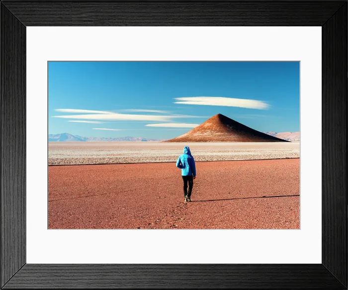 Framed Print : Man walking toward Arita Cone, Salar de Arizaro, Tolar Grande, Puna, Argentina. (MR) Framed Print : Man walking toward Arita Cone, Salar de Arizaro, Tolar Grande, Puna, Argentina. (MR)