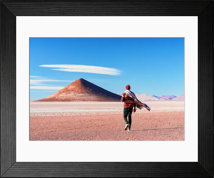Framed Print : Man walking toward Arita Cone in the dry Salar de Arizaro, Tolar Grande, Puna, Argentina. (MR)