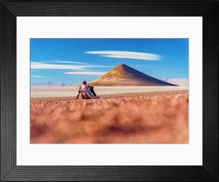 Framed Print : Hiker sitting in the desert looking at Arita Cone, Salar de Arizaro, Tolar Grande, Puna, Argentina, (MR) Framed Print : Hiker sitting in the desert looking at Arita Cone, Salar de Arizaro, Tolar Grande, Puna, Argentina, (MR)