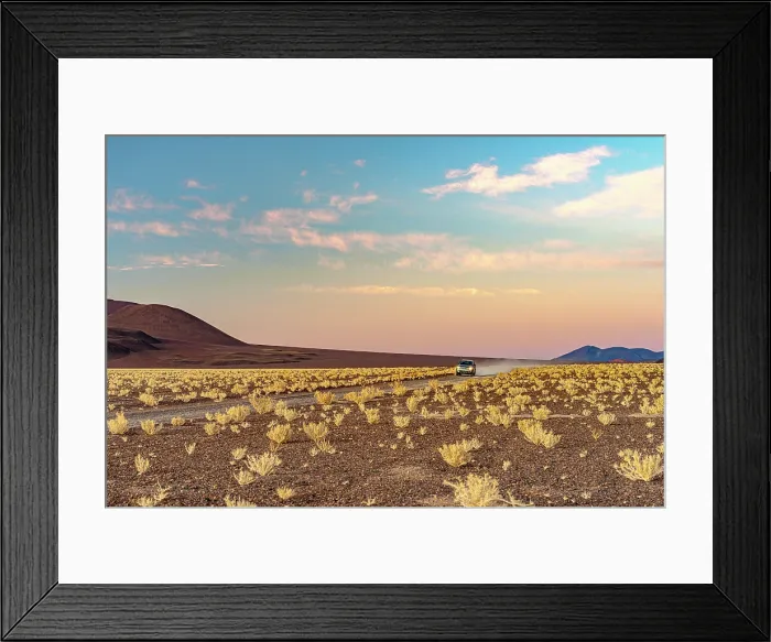Framed Print : Car crossing the high desert lands, Puna, Argentina Framed Print : Car crossing the high desert lands, Puna, Argentina