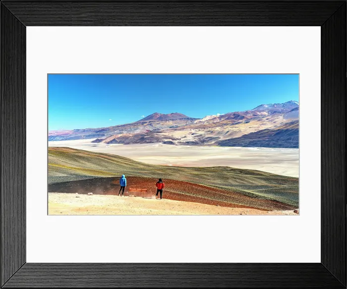 Framed Print : Two hikers looking at Salar de Antofalla salt flat, Puna, Catamarca, Argentina. (MR) Framed Print : Two hikers looking at Salar de Antofalla salt flat, Puna, Catamarca, Argentina. (MR)