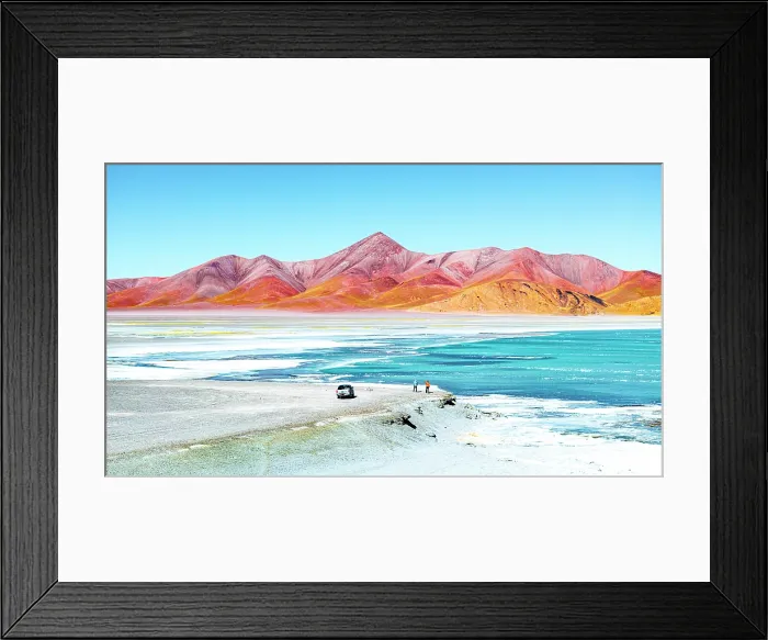 Framed Print : Explorers with 4x4 vehicle admiring Laguna Diamante, Puna region, Catamarca, Argentina Framed Print : Explorers with 4x4 vehicle admiring Laguna Diamante, Puna region, Catamarca, Argentina