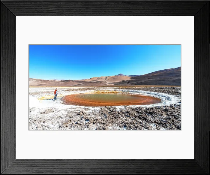 Framed Print : Tourist observing a salt pond, Ojos del Campo, Salar de Antofalla, Puna, Catamarca, Argentina. (MR) Framed Print : Tourist observing a salt pond, Ojos del Campo, Salar de Antofalla, Puna, Catamarca, Argentina. (MR)