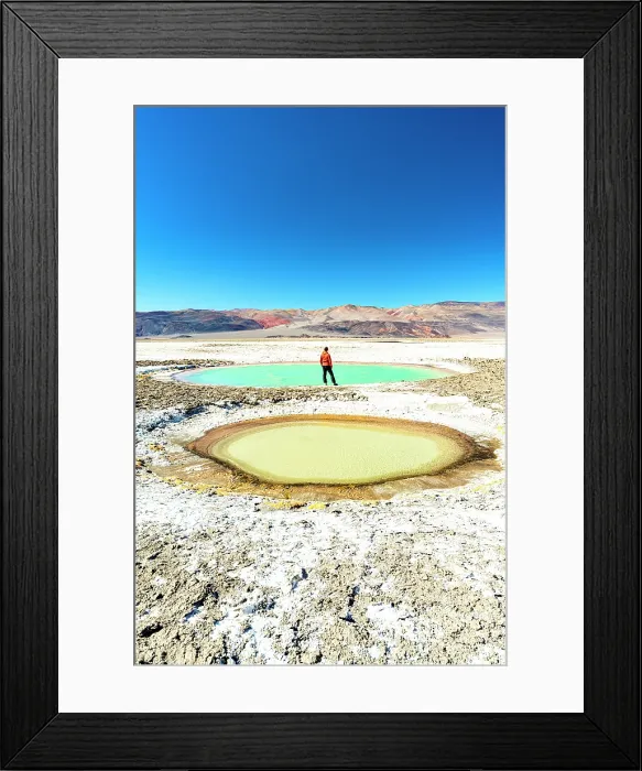 Framed Print : Tourist on the edge of colorful lagoons, Ojos del Campo, Salar de Antofalla, Puna, Catamarca, Argentina. (MR) Framed Print : Tourist on the edge of colorful lagoons, Ojos del Campo, Salar de Antofalla, Puna, Catamarca, Argentina. (MR)