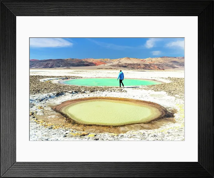 Framed Print : Tourist looking at lagoons, Ojos del Campo, Salar de Antofalla, Puna, Catamarca, Argentina. (MR) Framed Print : Tourist looking at lagoons, Ojos del Campo, Salar de Antofalla, Puna, Catamarca, Argentina. (MR)