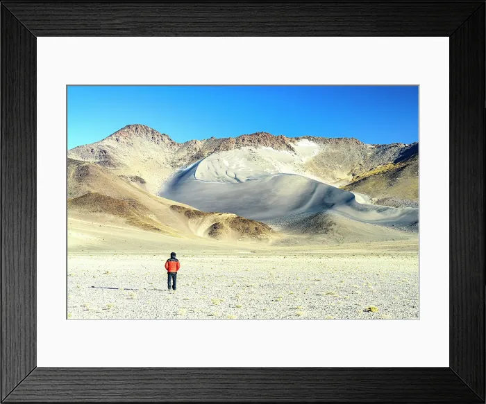 Framed Print : Tourist looking at the white pumice dunes, El Penon, Puna, Catamarca, Argentina. (MR) Framed Print : Tourist looking at the white pumice dunes, El Penon, Puna, Catamarca, Argentina. (MR)