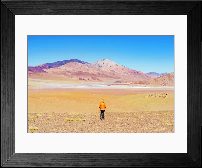 Framed Print : Person looking at Galan Volcano standing in the high desert, Puna, Catamarca, Argentina. (MR) Framed Print : Person looking at Galan Volcano standing in the high desert, Puna, Catamarca, Argentina. (MR)