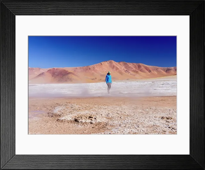 Framed Print : Hiker exploring fumaroles of Cerro Galan caldera, Puna, Catamarca, Argentina. (MR) Framed Print : Hiker exploring fumaroles of Cerro Galan caldera, Puna, Catamarca, Argentina. (MR)