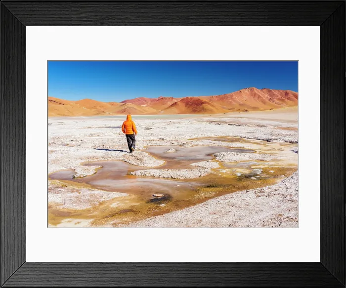 Framed Print : Man walking near fumaroles at Galan Volcano, Puna, Catamarca, Argentina. (MR) Framed Print : Man walking near fumaroles at Galan Volcano, Puna, Catamarca, Argentina. (MR)