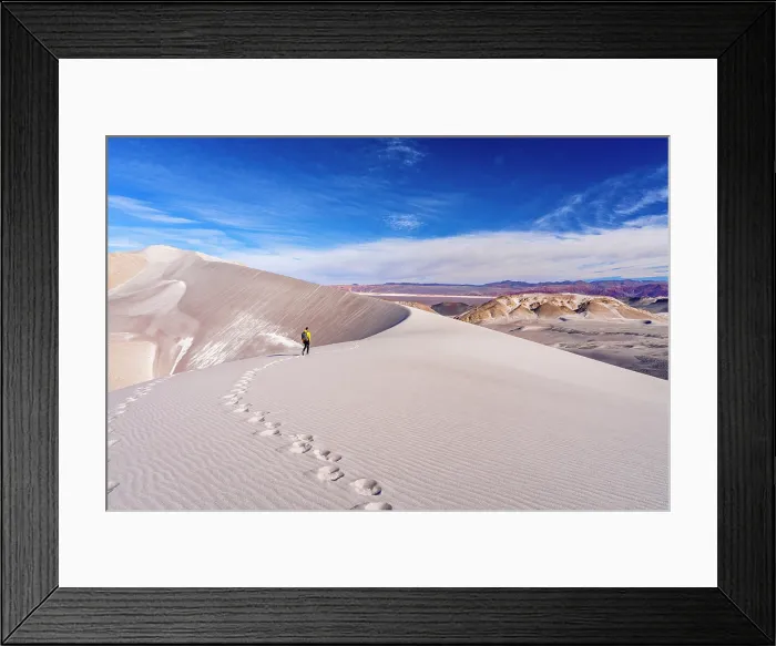 Framed Print : Distant man on white dunes, Campo de Piedra Pomez, El Penon, Puna, Catamarca, Argentina. (MR) Framed Print : Distant man on white dunes, Campo de Piedra Pomez, El Penon, Puna, Catamarca, Argentina. (MR)