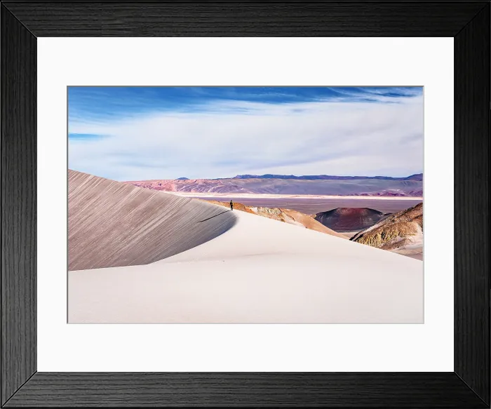 Framed Print : Tourist standing on whIte pumice dunes, Campo de Piedra Pomez, El Penon, Puna, Catamarca, Argentina. (MR)