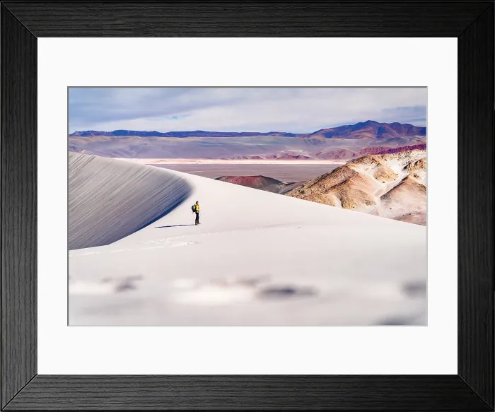 Framed Print : Hiker on white dunes admiring mountains, Campo de Piedra Pomez, El Penon, Puna, Catamarca, Argentina. (MR) Framed Print : Hiker on white dunes admiring mountains, Campo de Piedra Pomez, El Penon, Puna, Catamarca, Argentina. (MR)