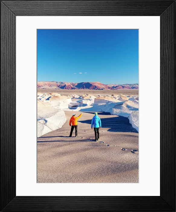 Framed Print : Hikers observing white rocks at Campo de Piedra Pomez, El Penon, Puna, Catamarca, Argentina. (MR)