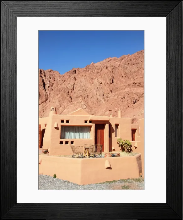 Framed Print : Local eco-sustainable architecture at Los Colorados Cabanas Boutique in Purmamarca, Quebrada de Humahuaca, Jujuy, Northwest Argentina