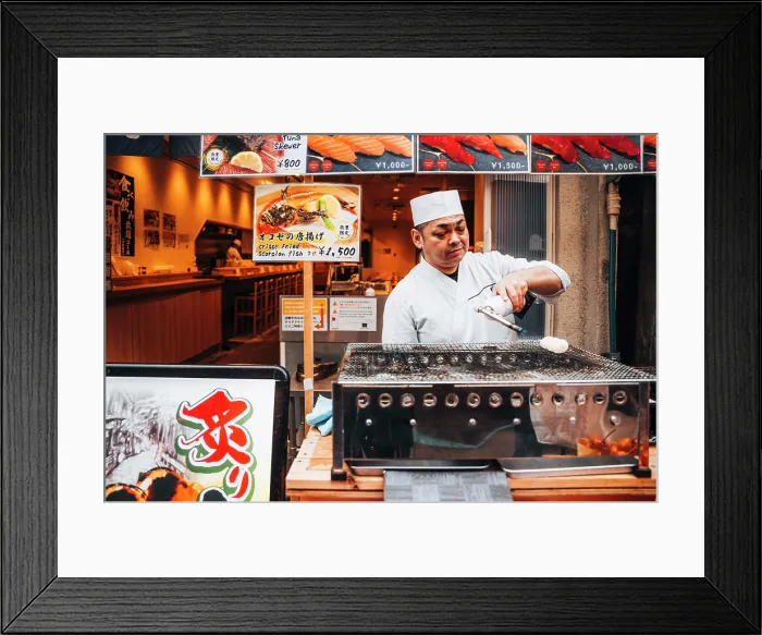 Framed Print : Chef grilling mochi at Tsukiji Outer Market, Tokyo, Japan Framed Print : Chef grilling mochi at Tsukiji Outer Market, Tokyo, Japan