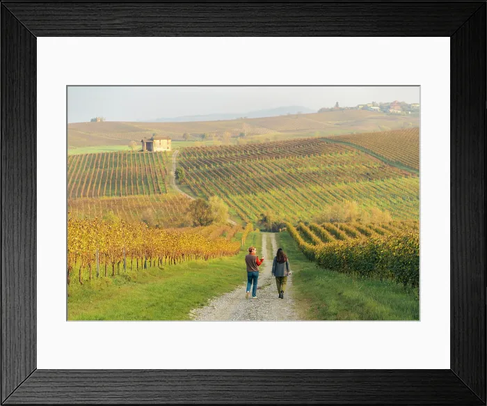 Framed Print : Two women stroll through vineyards in autumn. Colli Piacentini, Piedmont, Italy Framed Print : Two women stroll through vineyards in autumn. Colli Piacentini, Piedmont, Italy