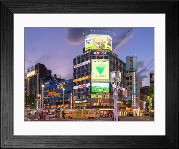 Framed Print : Tram passing neon signs on side of buildings, Susukino, Sapporo, Hokkaido, Japan Framed Print : Tram passing neon signs on side of buildings, Susukino, Sapporo, Hokkaido, Japan