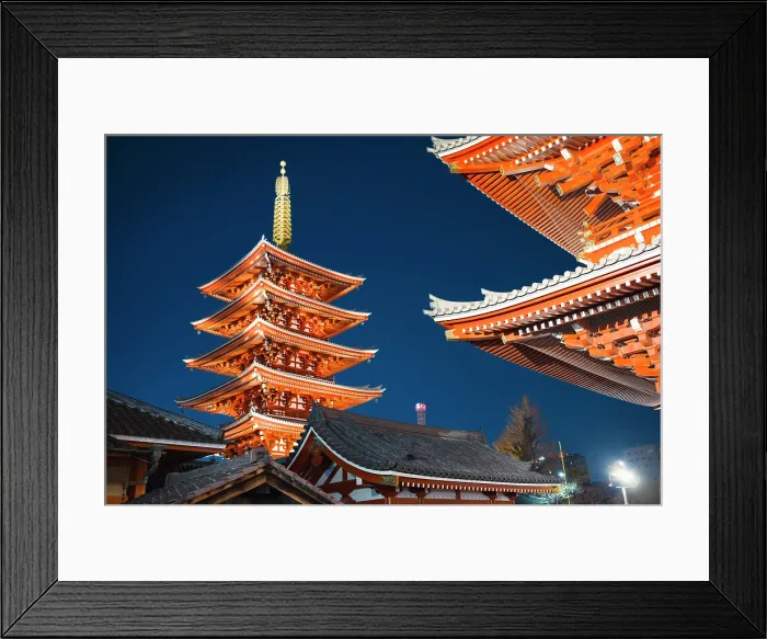 Framed Print : Illuminated Senso-ji Temple pagoda and architecture against a dark blue night sky in Tokyo, Japan Framed Print : Illuminated Senso-ji Temple pagoda and architecture against a dark blue night sky in Tokyo, Japan